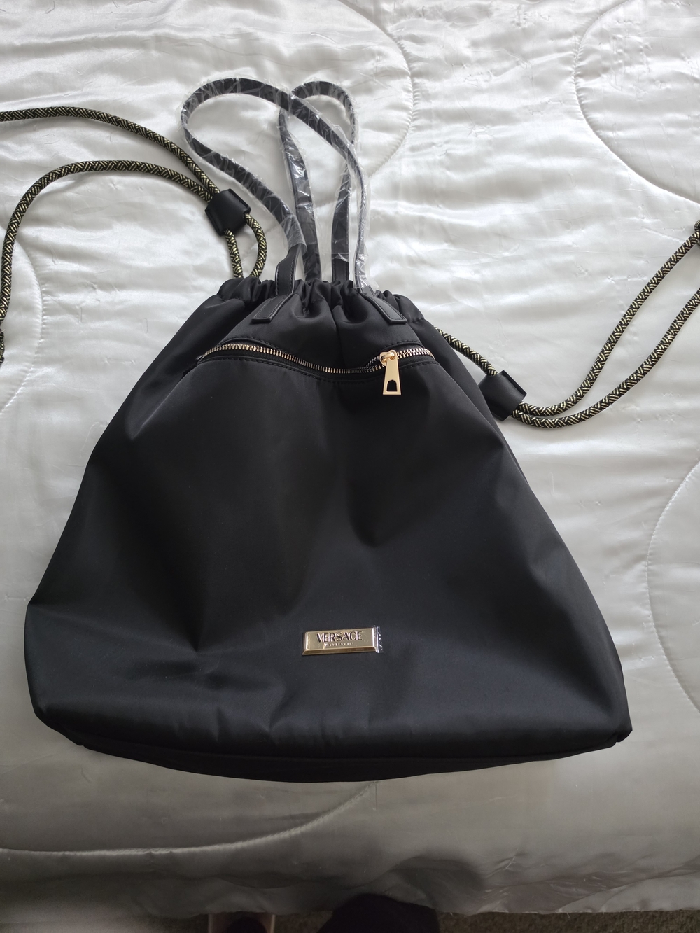Versace Black Drawstring Tote with Gold Accents *NEW*